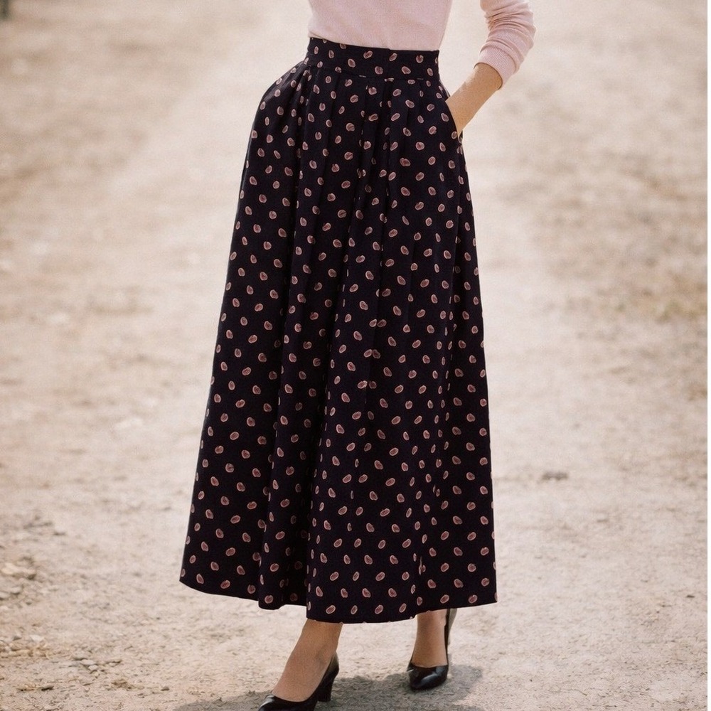 Evan Picone Vintage‎ Navy Blue Paisley Print Pleated Midi Skirt Union Label